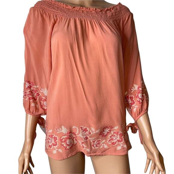 Unity World wear orange boho loose fitting 3/4 sleeve blouse tie cold shoulder M - Picture 2 of 7